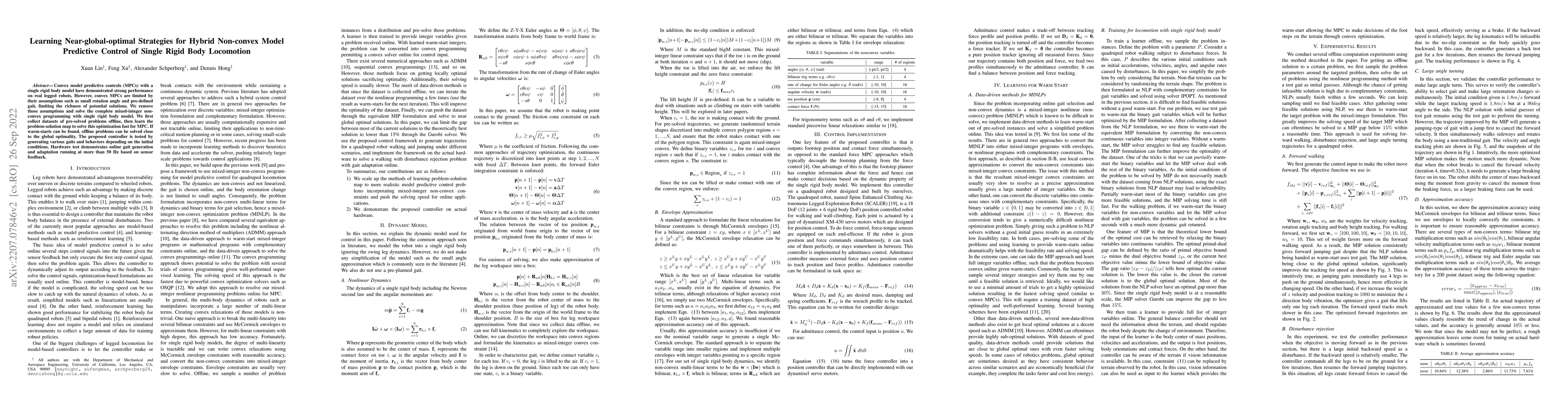 Thumbnail for Learning Near-global-optimal Strategies for Hybrid Non-convex Model
  Predictive Control of Single Rigid Body Locomotion