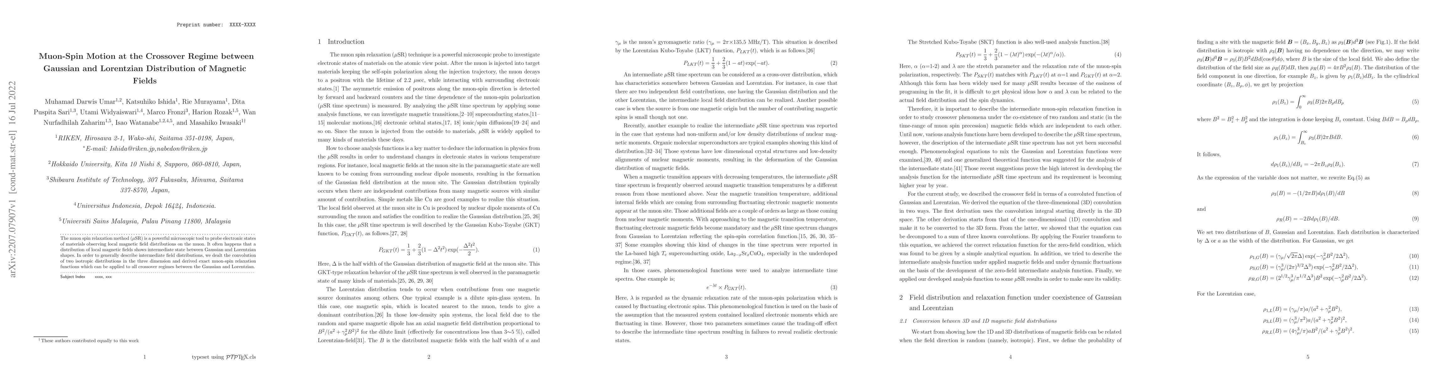 Thumbnail for Muon-Spin Motion at the Crossover Regime between Gaussian and Lorentzian
  Distribution of Magnetic Fields