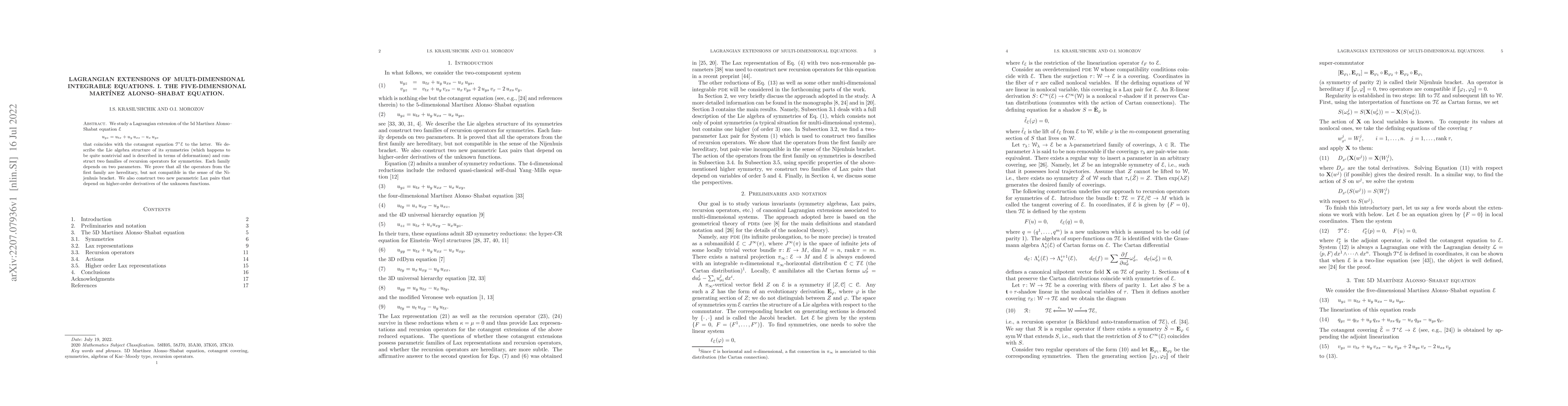 Thumbnail for Lagrangian extensions of multi-dimensional integrable equations. I. The
  five-dimensional Mart{\'{\i}}nez Alonso--Shabat equation