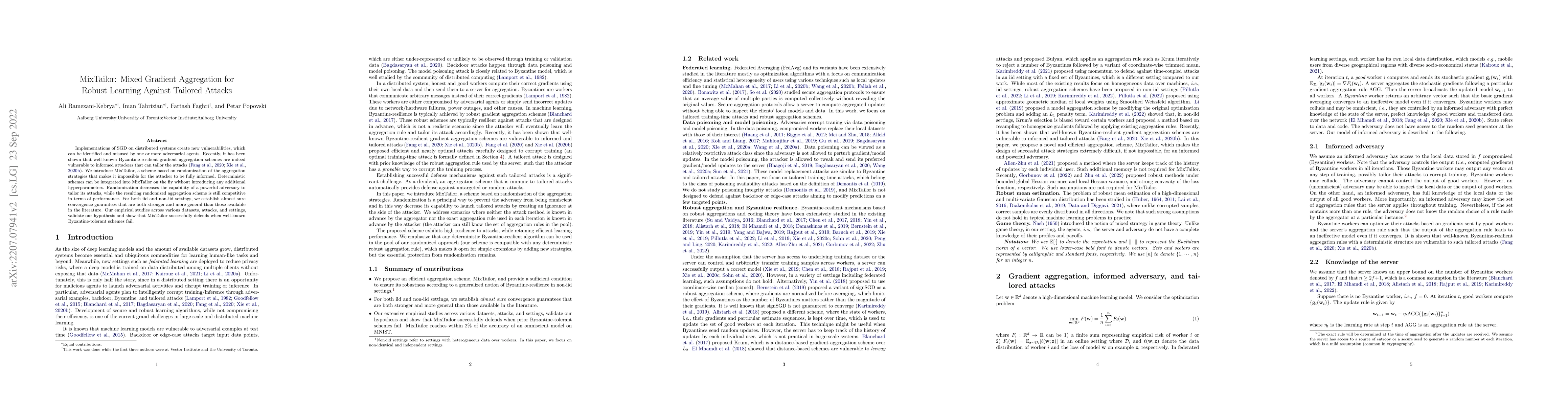 Thumbnail for MixTailor: Mixed Gradient Aggregation for Robust Learning Against
  Tailored Attacks