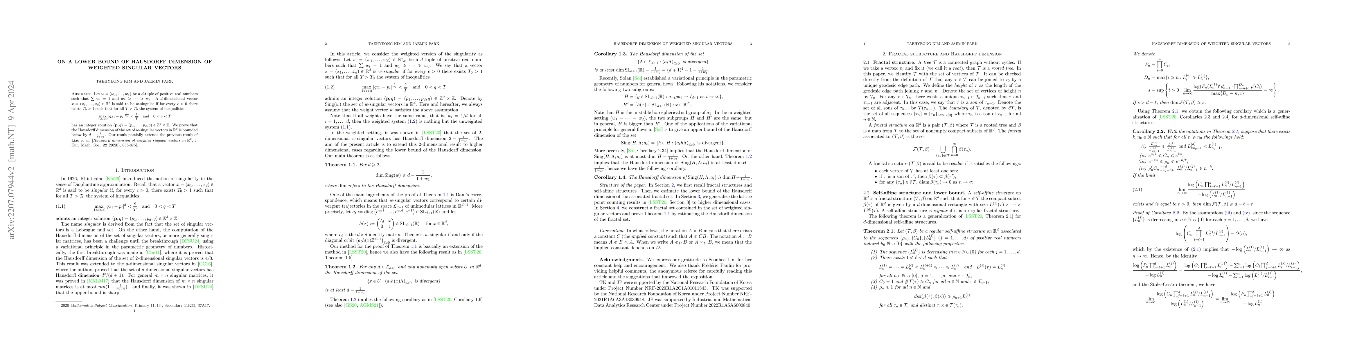 Thumbnail for On a lower bound of Hausdorff dimension of weighted singular vectors