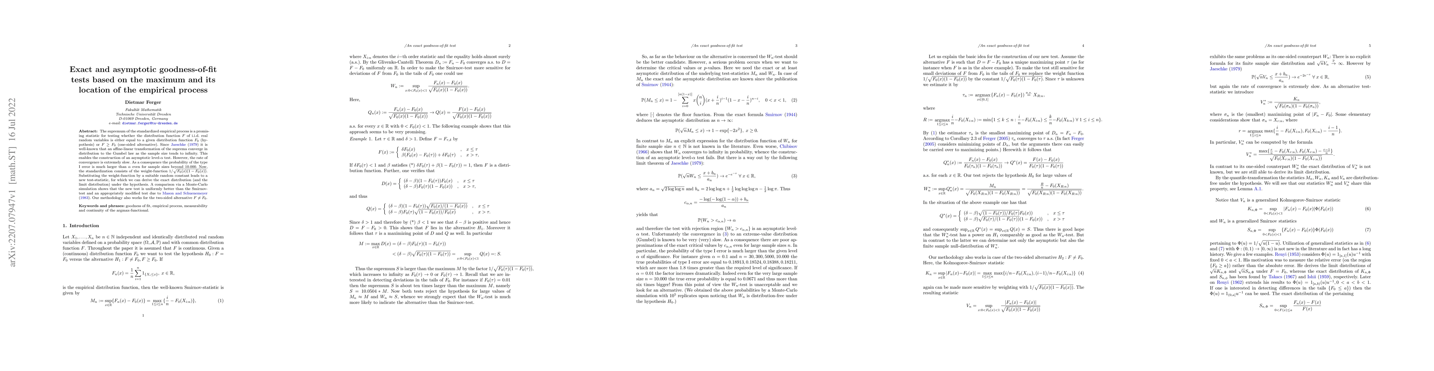 Thumbnail for Exact and asymptotic goodness-of-fit tests based on the maximum and its
  location of the empirical process