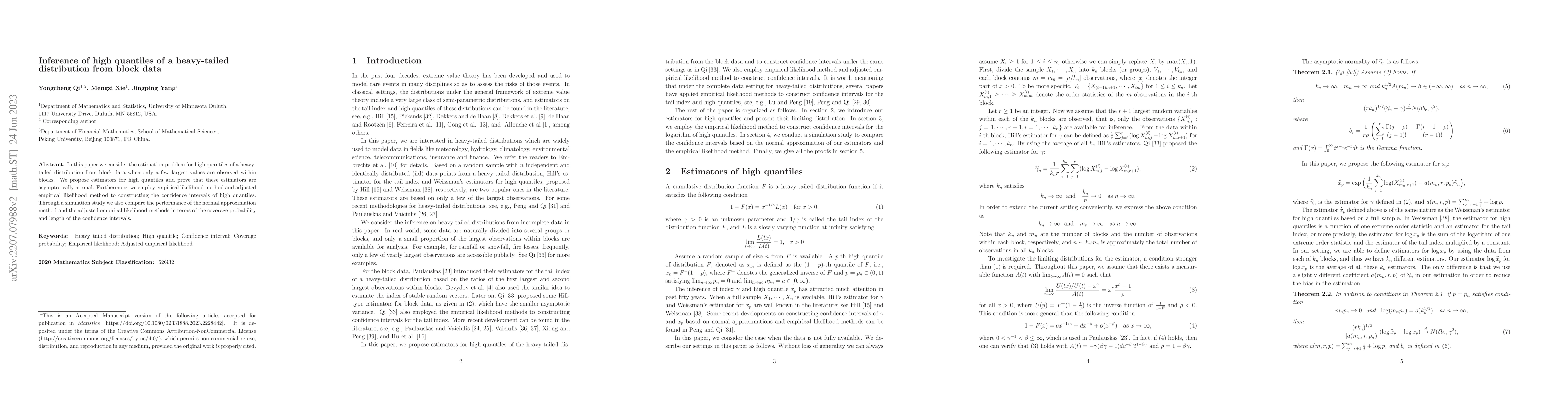 Thumbnail for Inference of high quantiles of a heavy-tailed distribution from block
  data