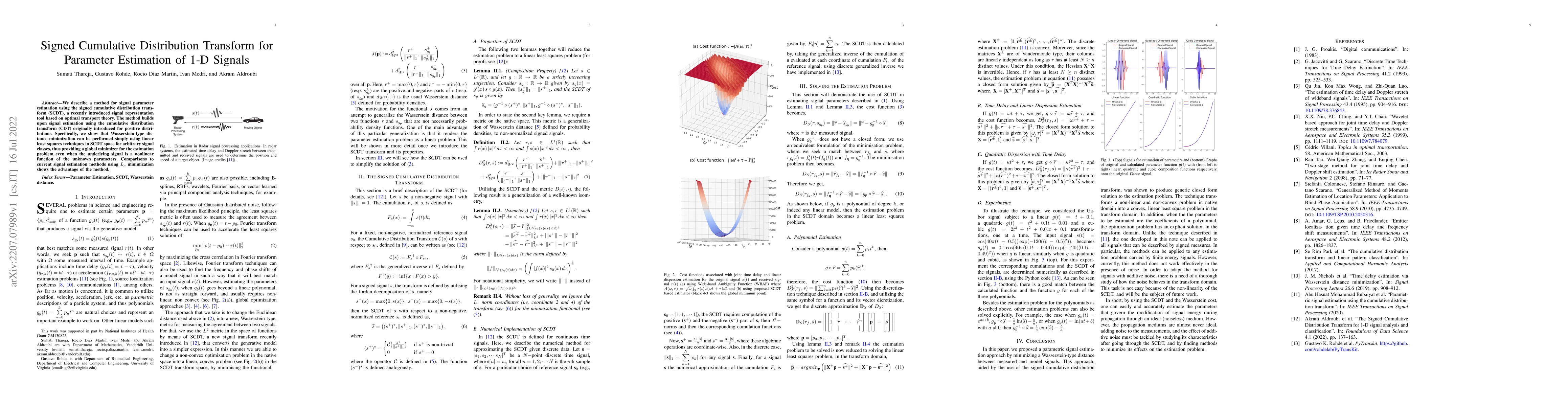 Thumbnail for Signed Cumulative Distribution Transform for Parameter Estimation of 1-D
  Signals