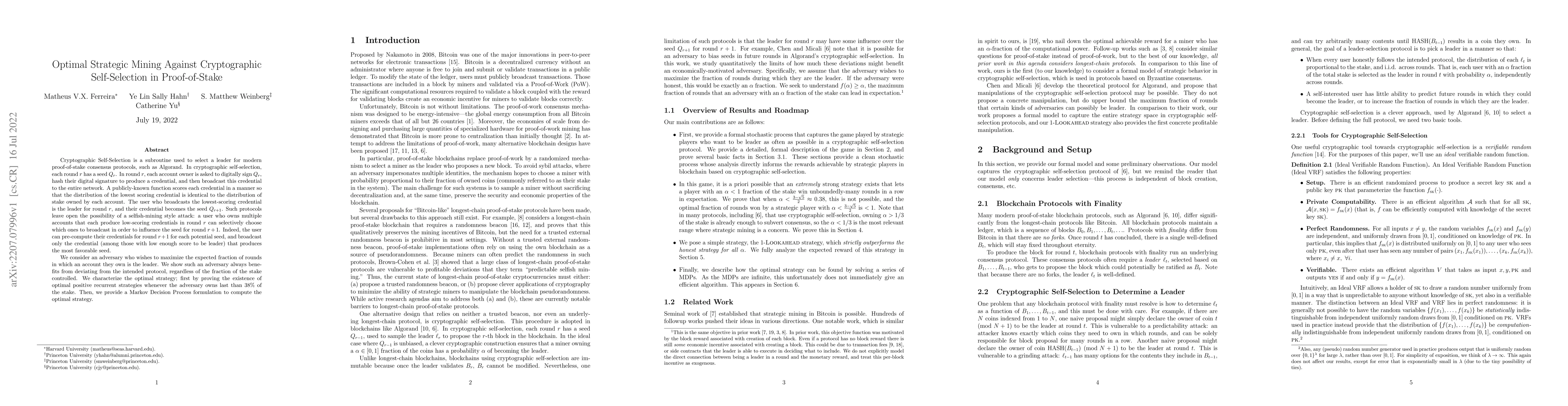 Thumbnail for Optimal Strategic Mining Against Cryptographic Self-Selection in
  Proof-of-Stake