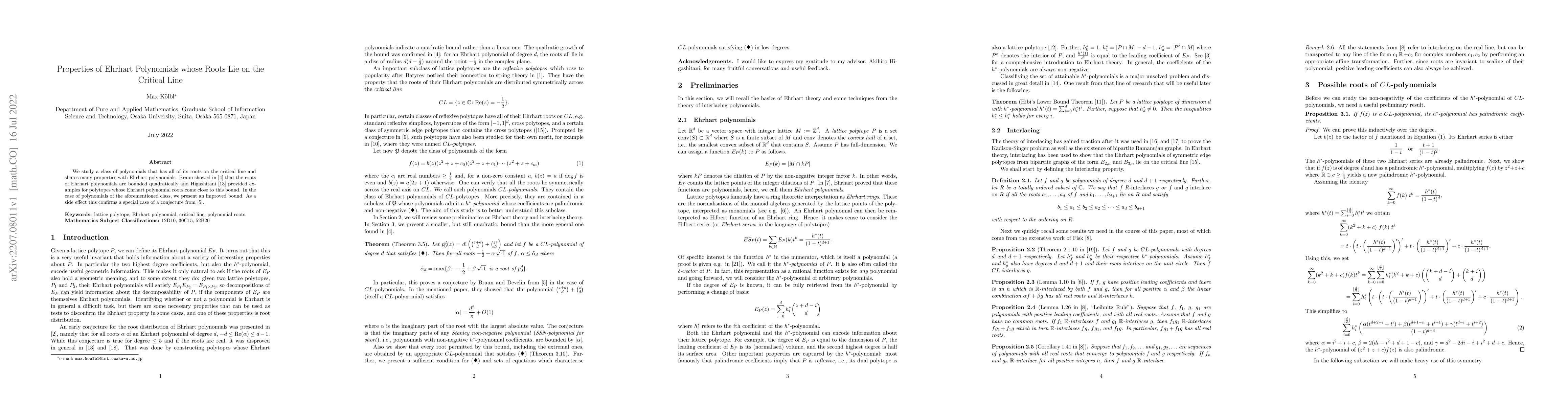 Thumbnail for Properties of Ehrhart Polynomials whose Roots Lie on the Critical Line
