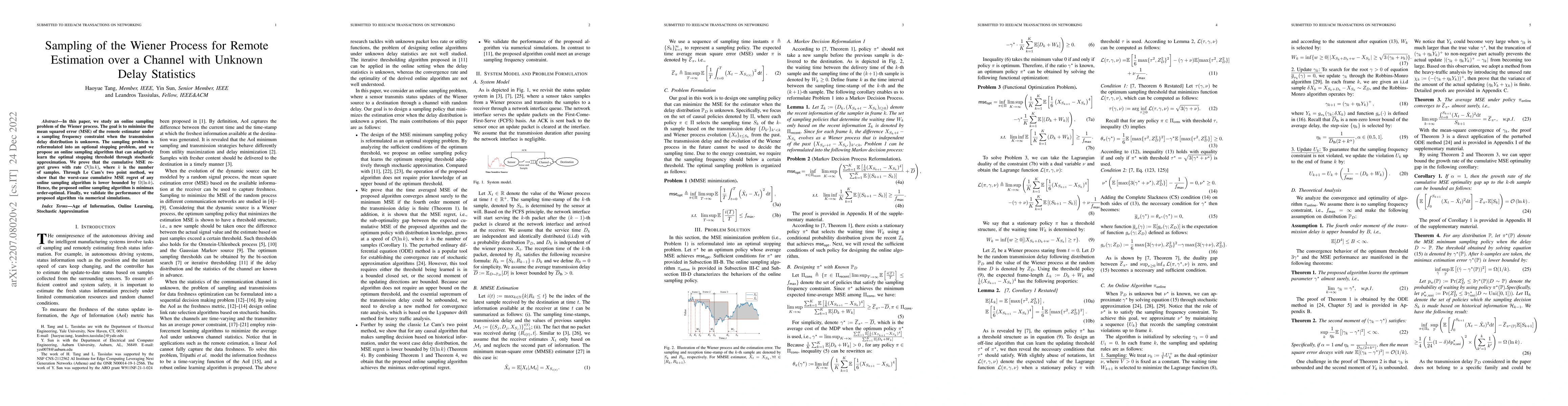 Thumbnail for Sampling of the Wiener Process for Remote Estimation over a Channel with
  Unknown Delay Statistics