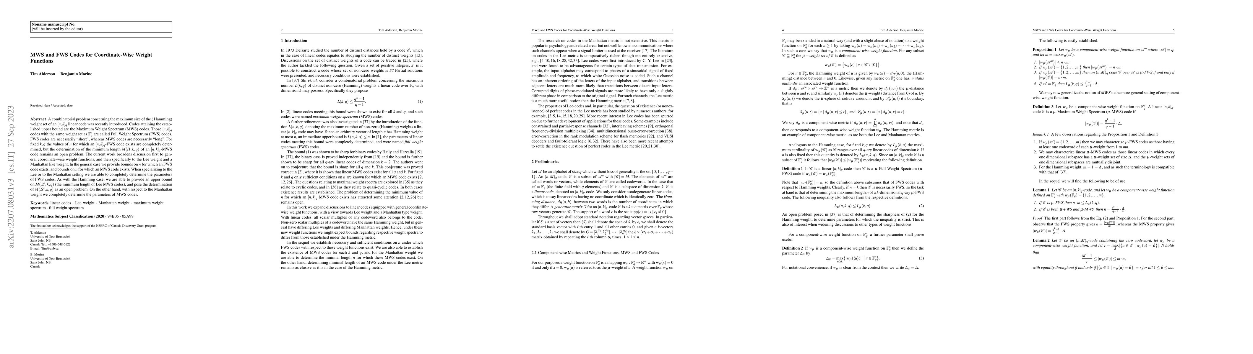 Thumbnail for MWS and FWS Codes for Coordinate-Wise Weight Functions