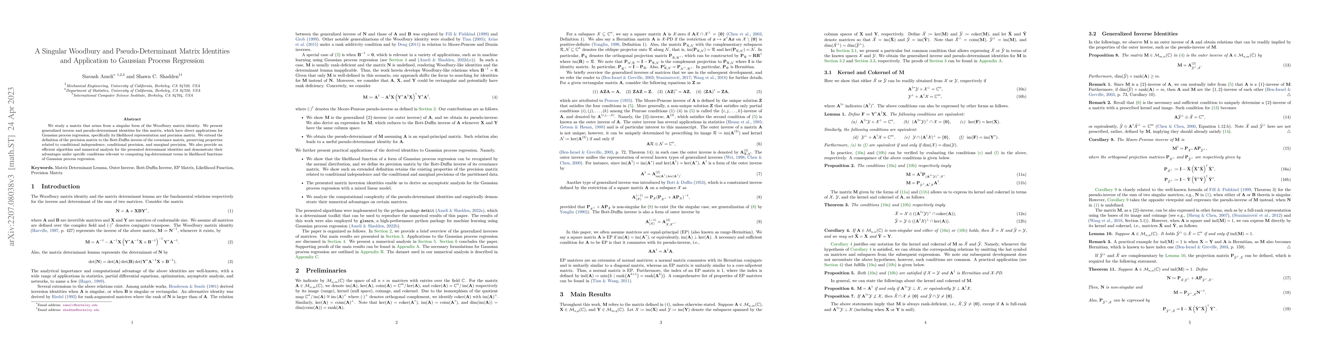 Thumbnail for A Singular Woodbury and Pseudo-Determinant Matrix Identities and
  Application to Gaussian Process Regression