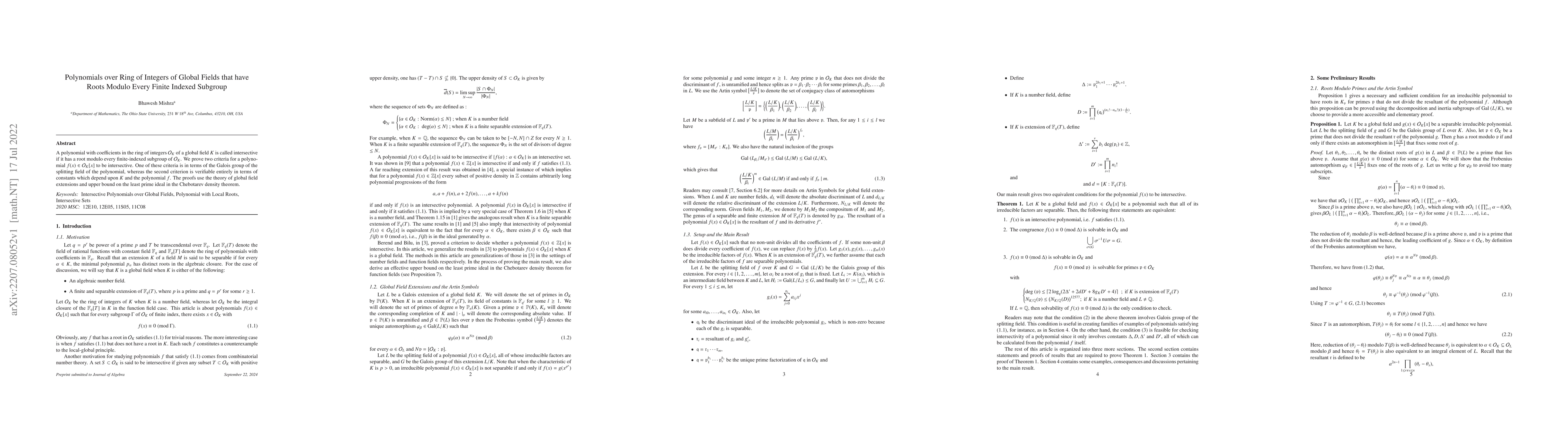 Thumbnail for Polynomials over Ring of Integers of Global Fields that have Roots
  Modulo Every Finite Indexed Subgroup