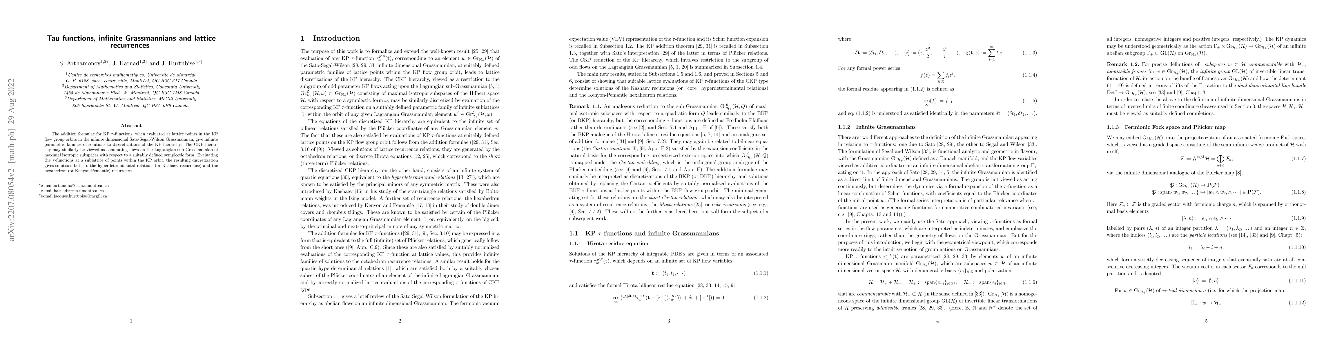 Thumbnail for Tau functions, infinite Grassmannians and lattice recurrences