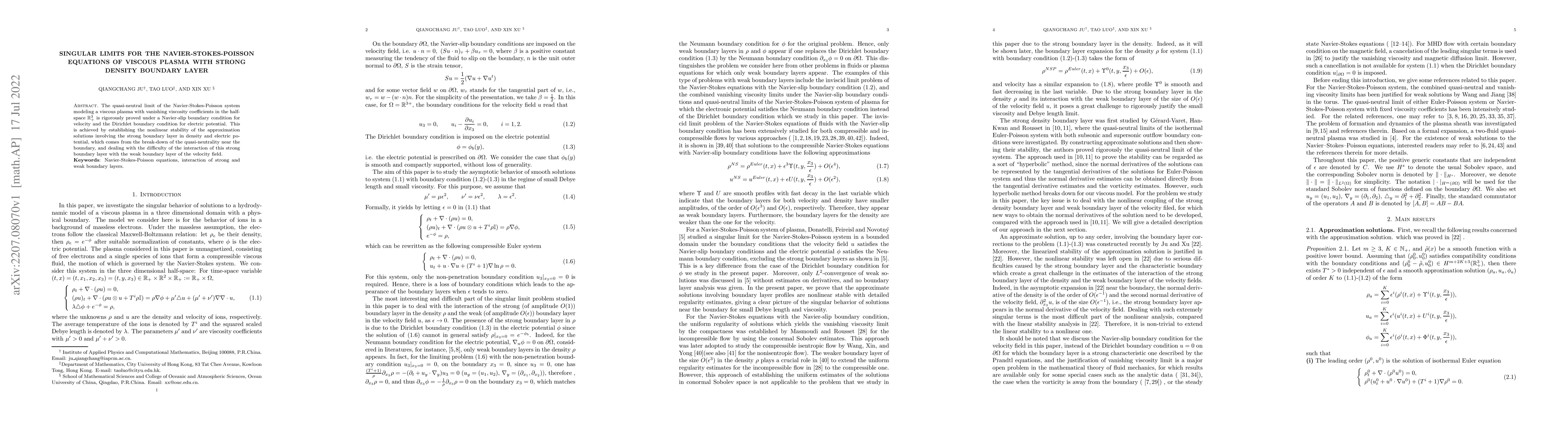 Thumbnail for Singular Limits for the Navier-Stokes-Poisson Equations of Viscous
  Plasma with Strong Density Boundary Layer