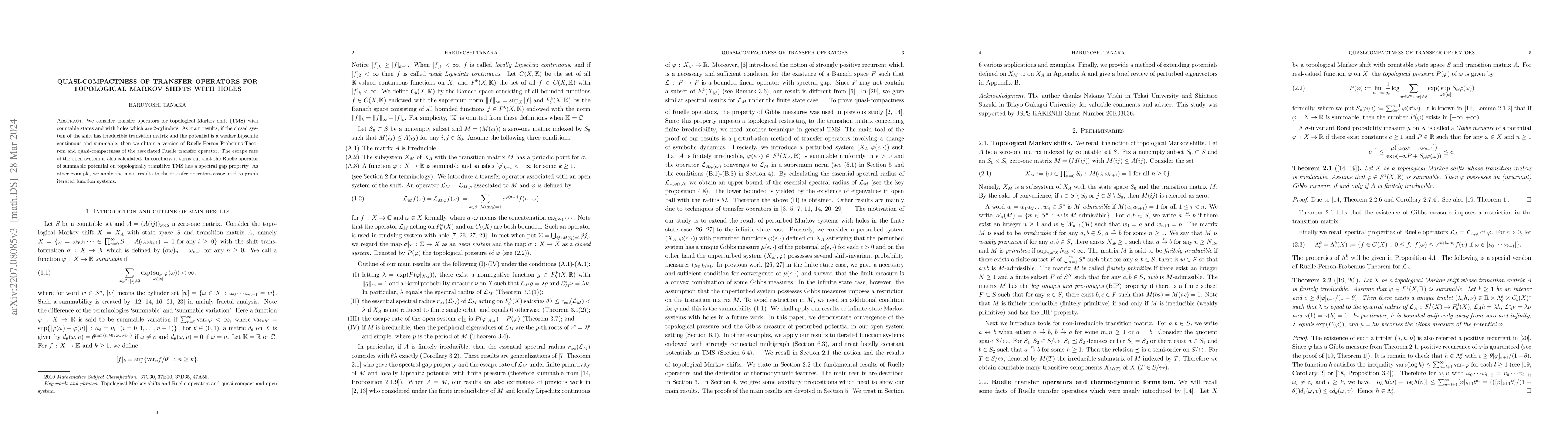 Thumbnail for Quasi-compactness of transfer operators for topological Markov shifts
  with holes