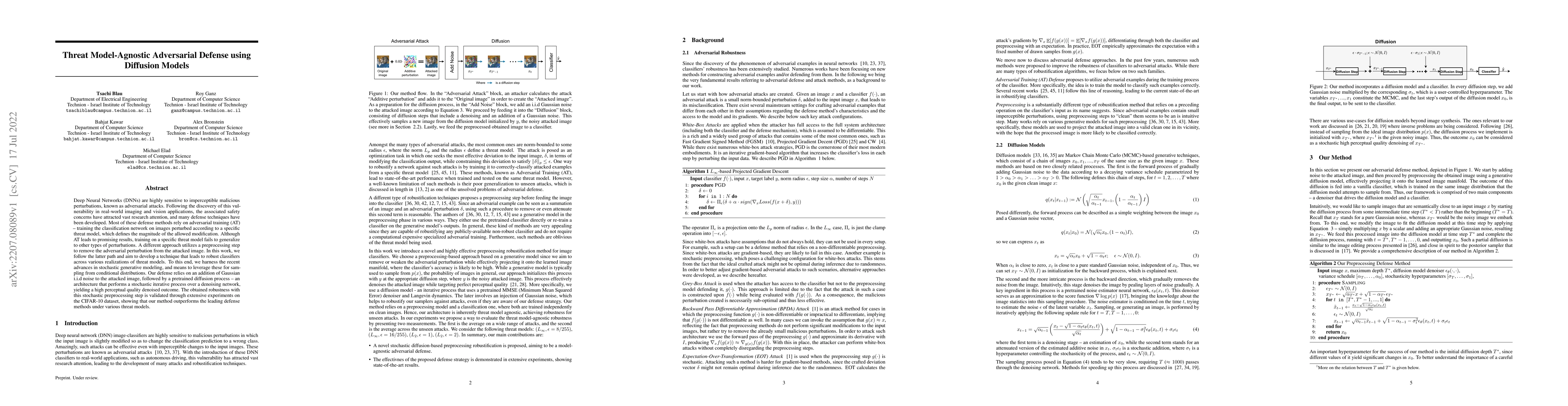 Thumbnail for Threat Model-Agnostic Adversarial Defense using Diffusion Models