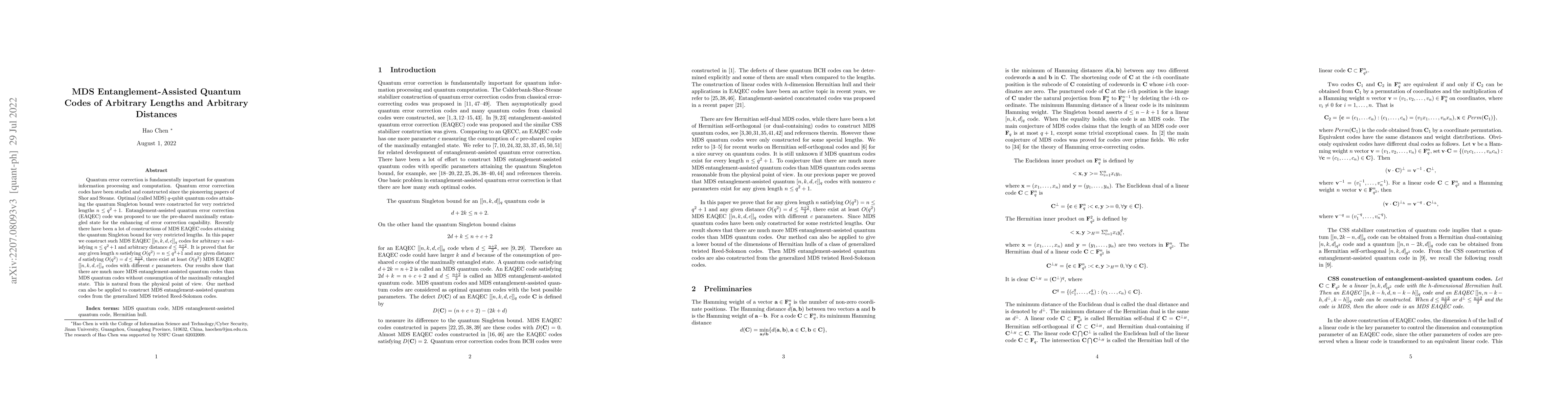 Thumbnail for MDS Entanglement-Assisted Quantum Codes of Arbitrary Lengths and
  Arbitrary Distances