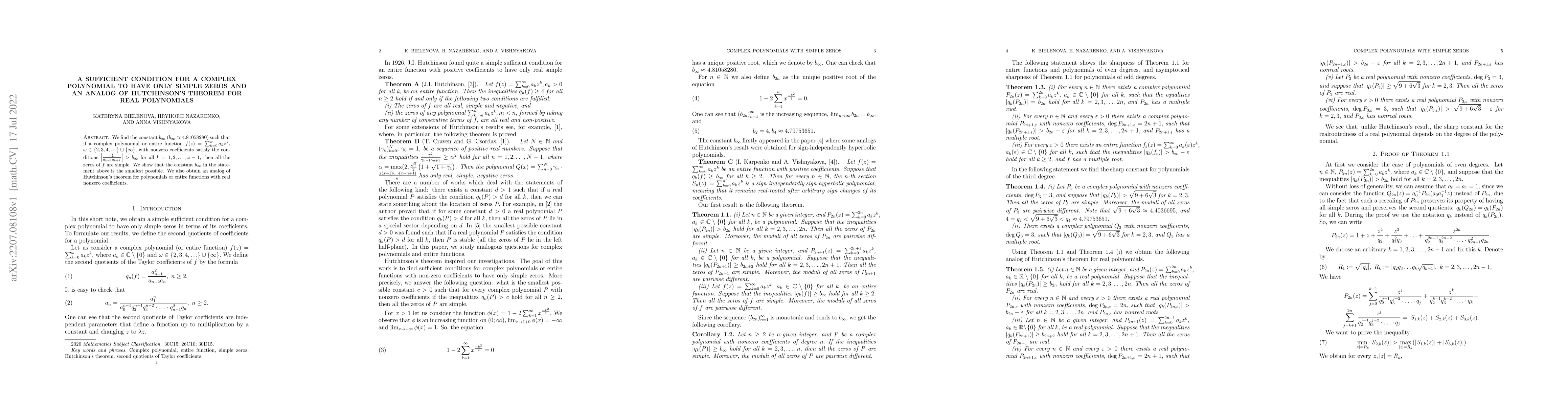 Thumbnail for A sufficient condition for a complex polynomial to have only simple
  zeros and an analog of Hutchinson's theorem for real polynomials