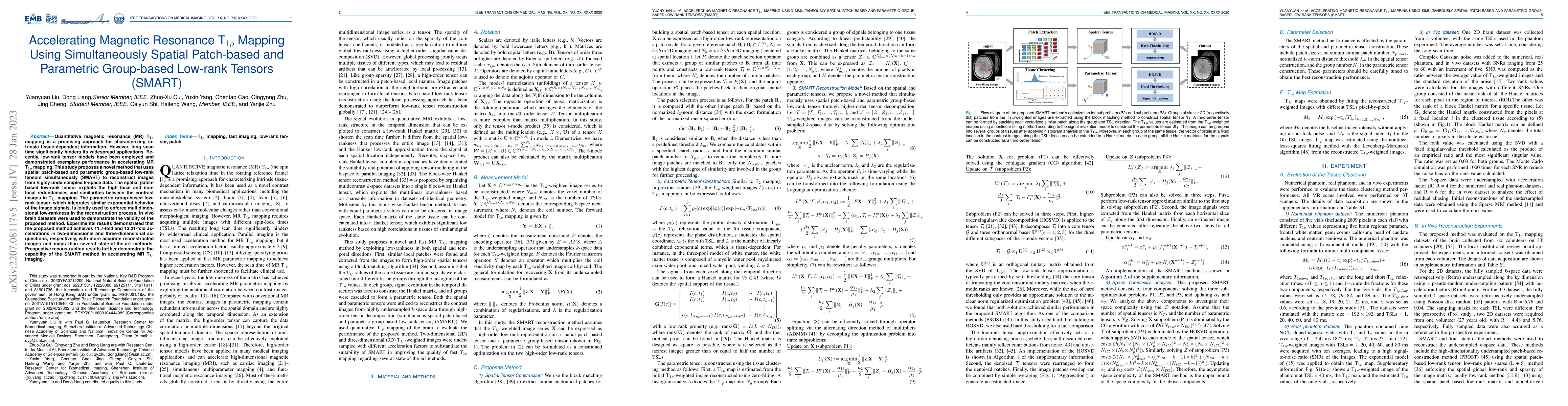 Thumbnail for Accelerating Magnetic Resonance T1\r{ho} Mapping Using Simultaneously
  Spatial Patch-based and Parametric Group-based Low-rank Tensors (SMART)