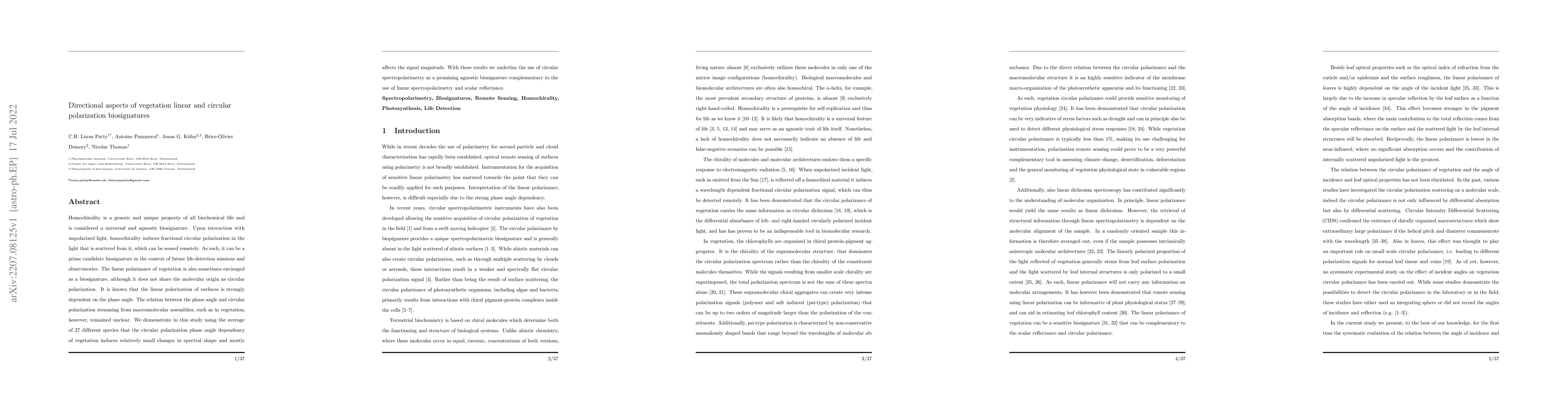 Thumbnail for Directional aspects of vegetation linear and circular polarization
  biosignatures