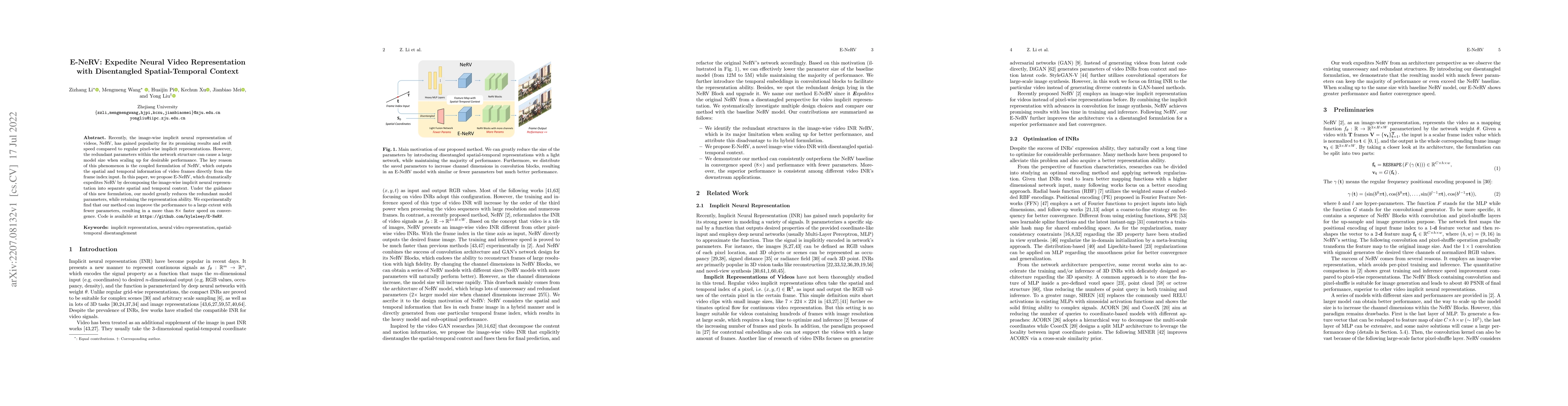 Thumbnail for E-NeRV: Expedite Neural Video Representation with Disentangled
  Spatial-Temporal Context