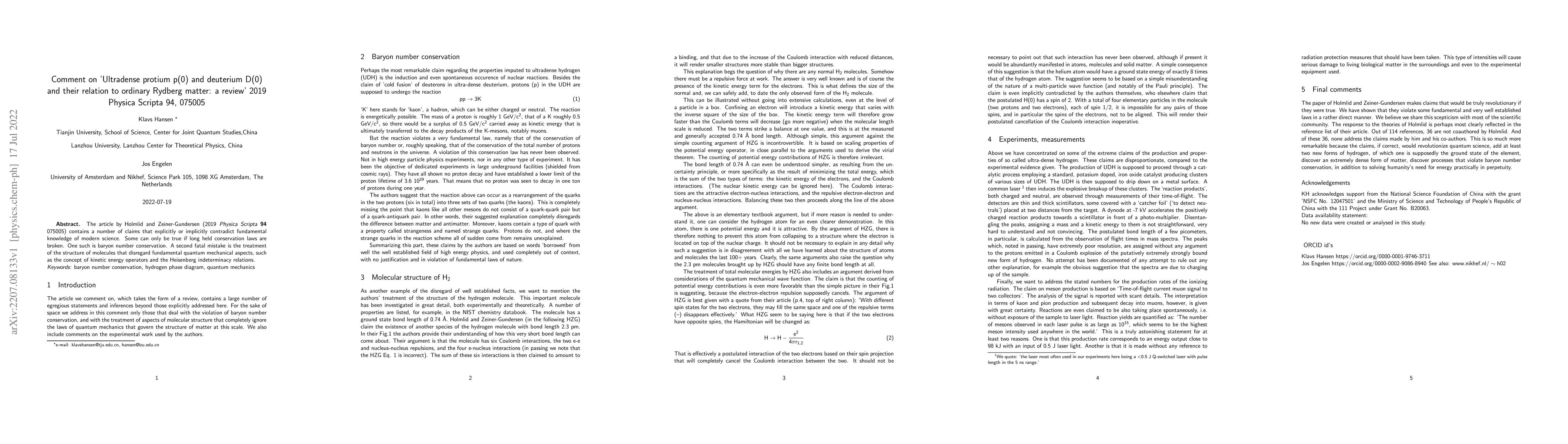 Thumbnail for Comment on 'Ultradense protium p(0) and deuterium D(0) and their
  relation to ordinary Rydberg matter: a review' 2019 Physica Scripta 94,
  075005