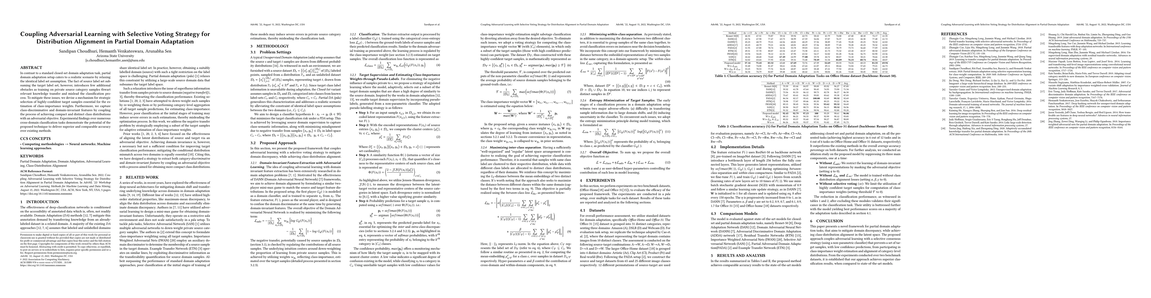 Thumbnail for Coupling Adversarial Learning with Selective Voting Strategy for
  Distribution Alignment in Partial Domain Adaptation