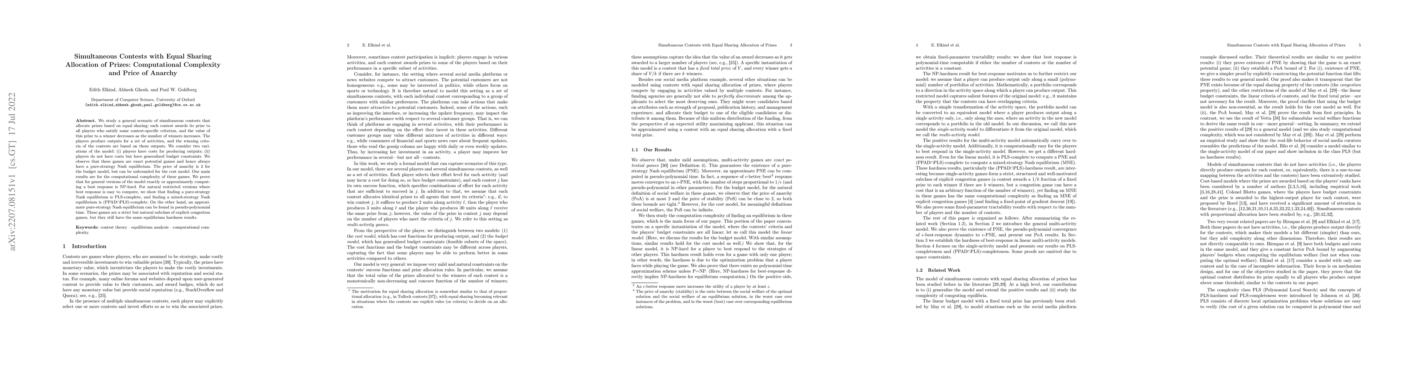 Thumbnail for Simultaneous Contests with Equal Sharing Allocation of Prizes:
  Computational Complexity and Price of Anarchy
