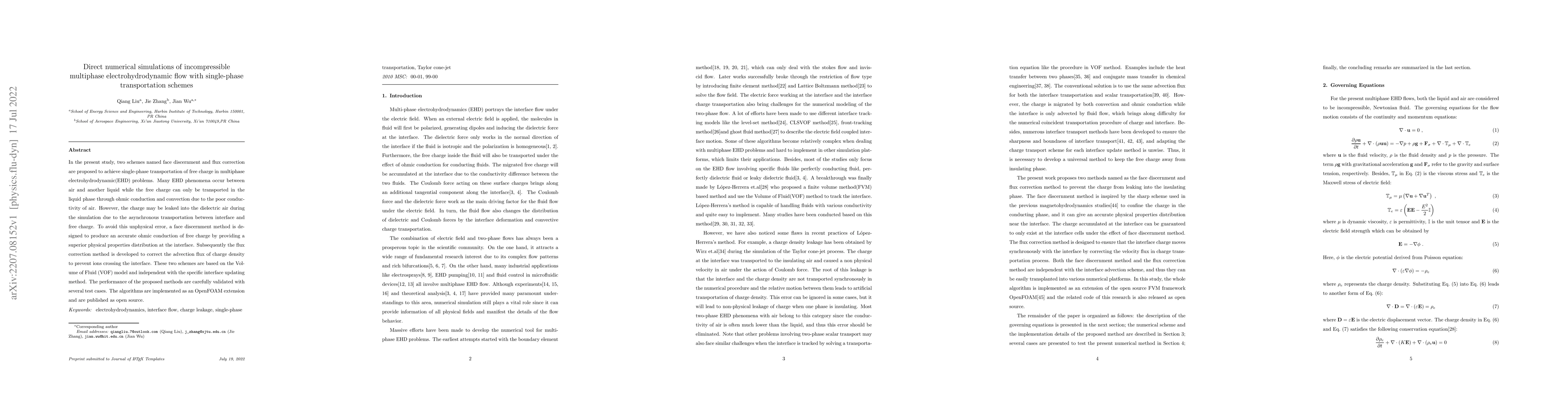 Thumbnail for Direct numerical simulations of incompressible multiphase
  electrohydrodynamic flow with single-phase transportation schemes