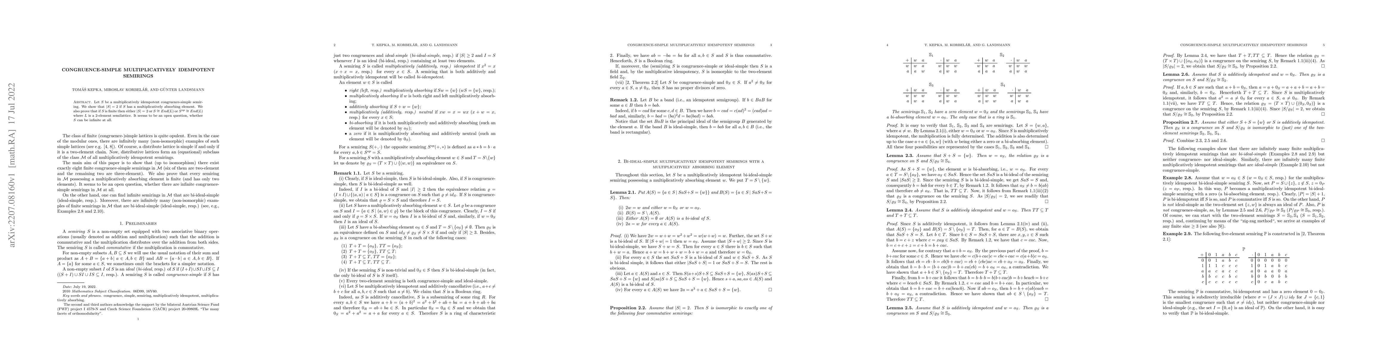 Thumbnail for Congruence-simple multiplicatively idempotent semirings
