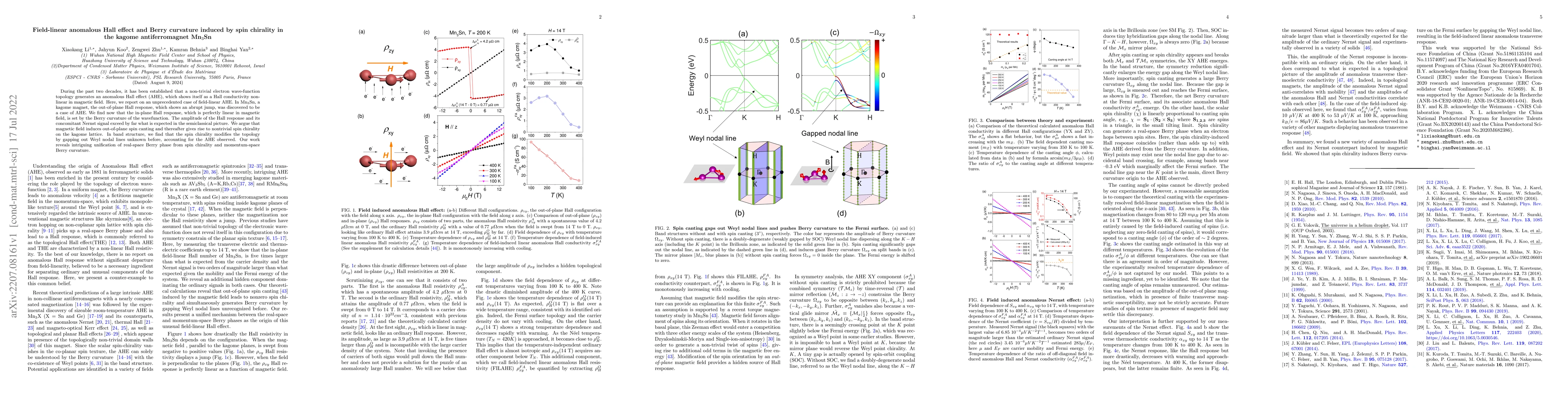 Thumbnail for Field-linear anomalous Hall effect and Berry curvature induced by spin
  chirality in the kagome antiferromagnet Mn3Sn