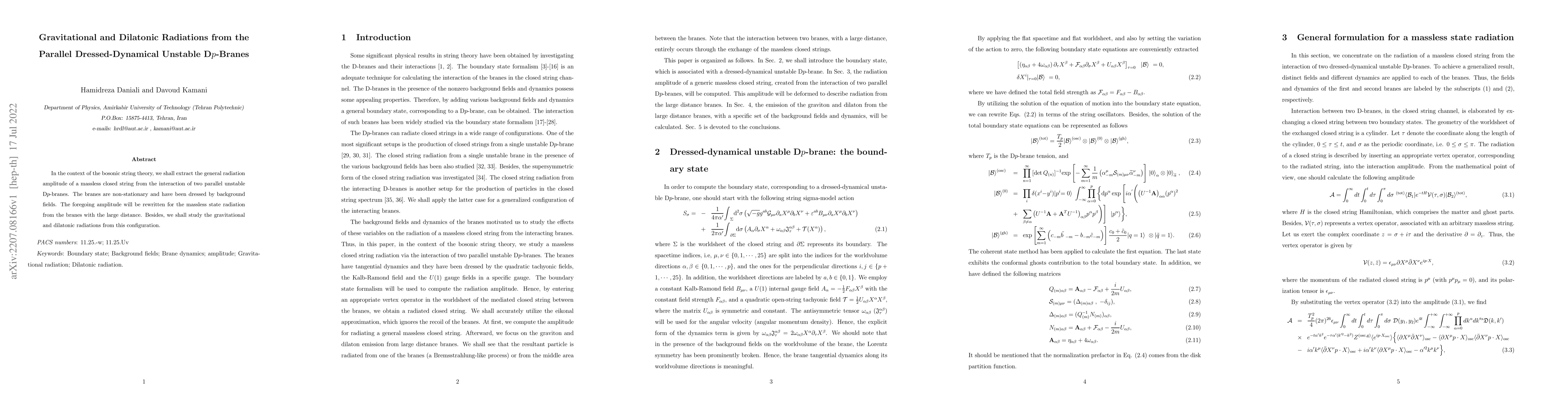 Thumbnail for Gravitational and Dilatonic Radiations from the Parallel
  Dressed-Dynamical Unstable Dp-Branes