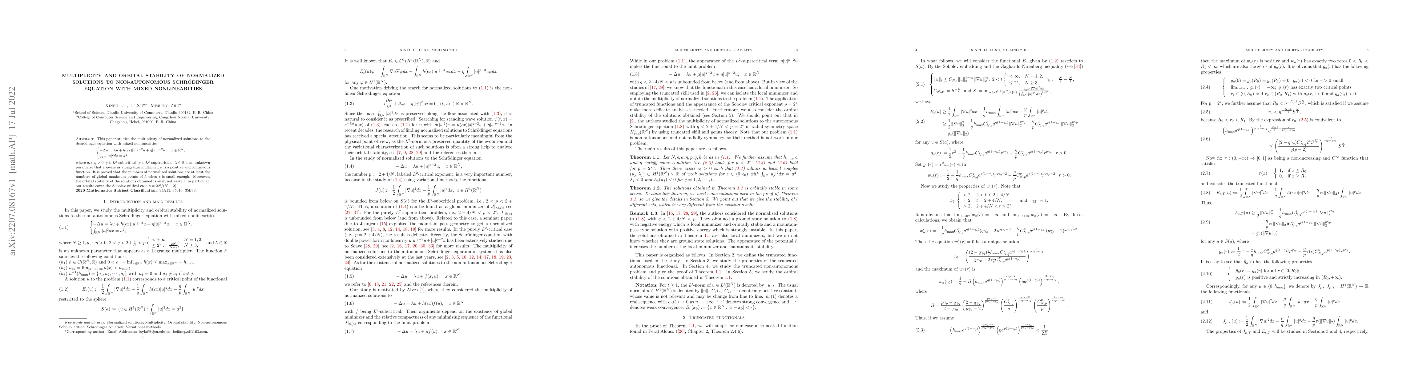 Thumbnail for Multiplicity and orbital stability of normalized solutions to
  non-autonomous Schr\"{o}dinger equation with mixed nonlinearities