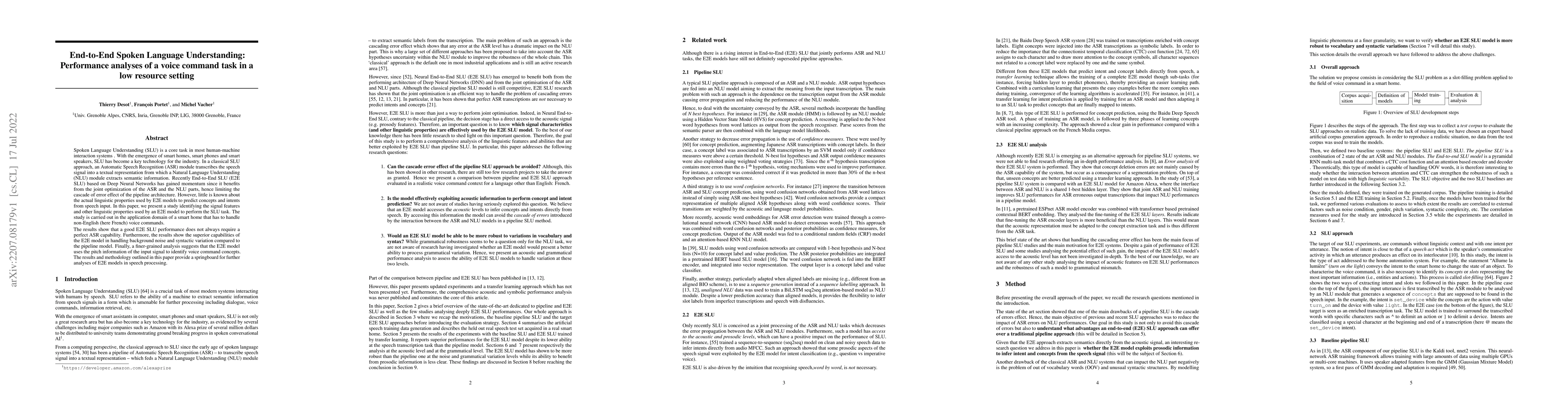 Thumbnail for End-to-End Spoken Language Understanding: Performance analyses of a
  voice command task in a low resource setting