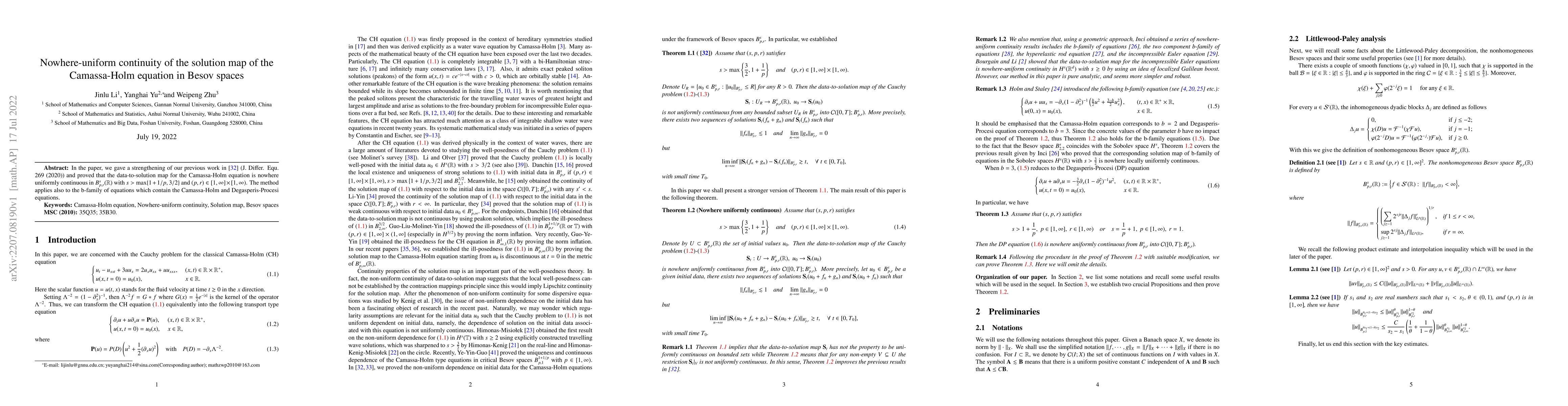 Thumbnail for Nowhere-uniform continuity of the solution map of the Camassa-Holm
  equation in Besov spaces