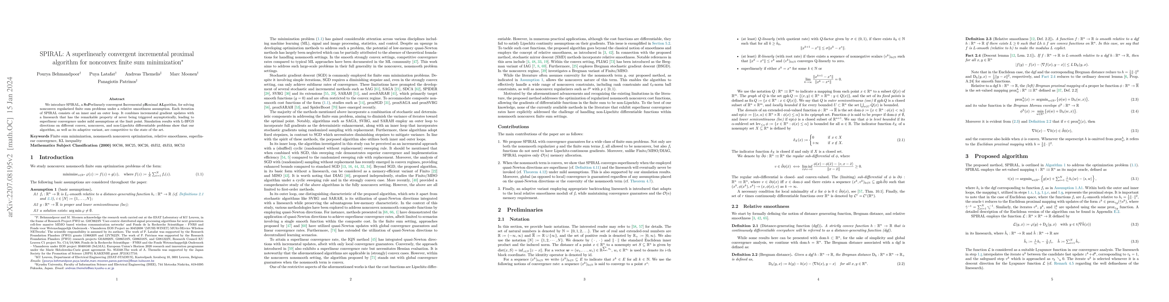 Thumbnail for SPIRAL: A superlinearly convergent incremental proximal algorithm for
  nonconvex finite sum minimization