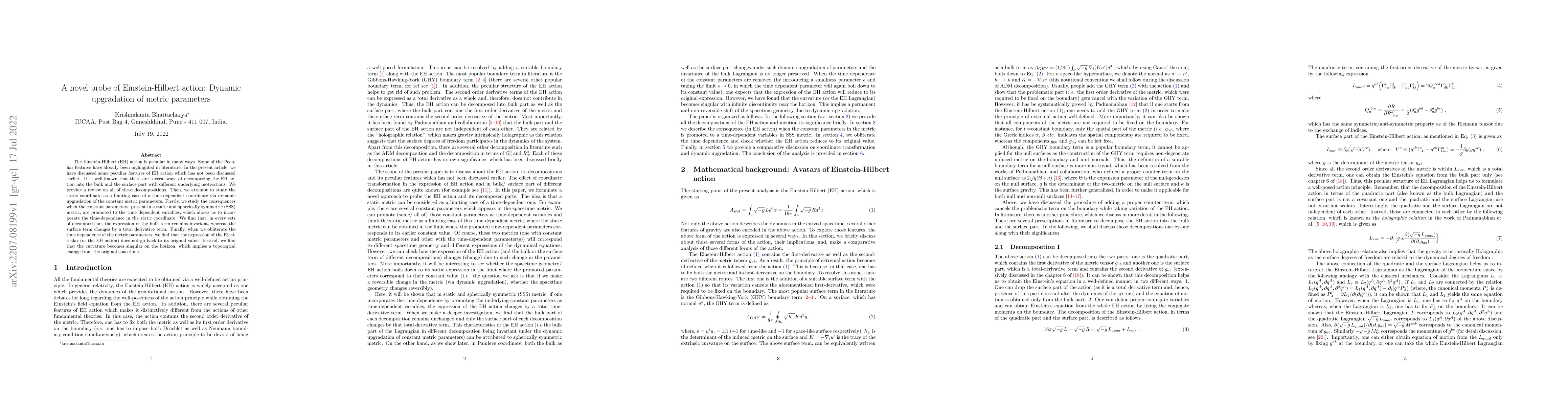 Thumbnail for A novel probe of Einstein-Hilbert action: Dynamic upgradation of metric
  parameters