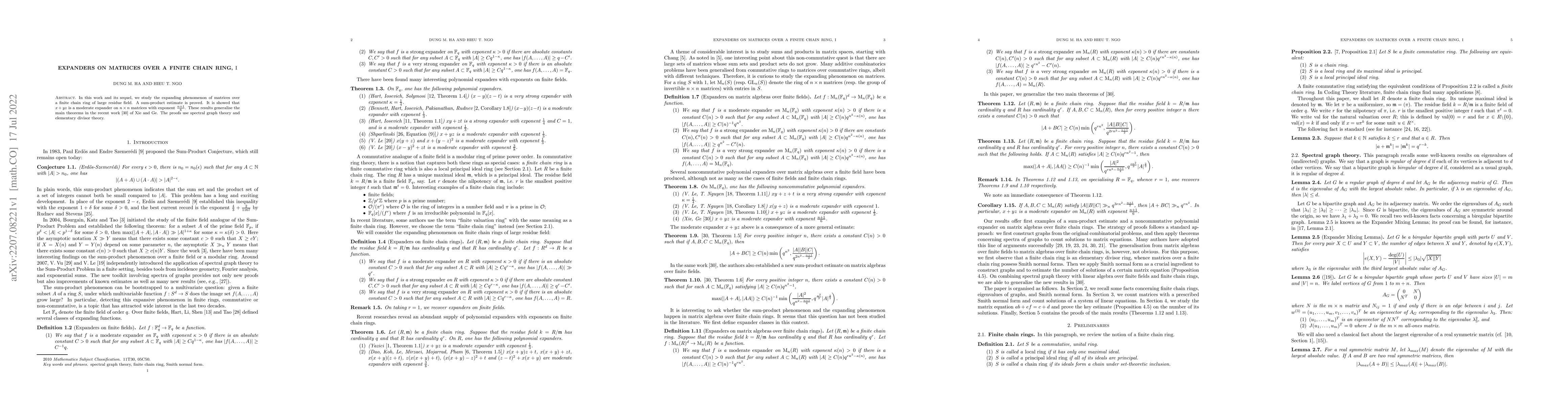 Thumbnail for Expanders on matrices over a finite chain ring, I