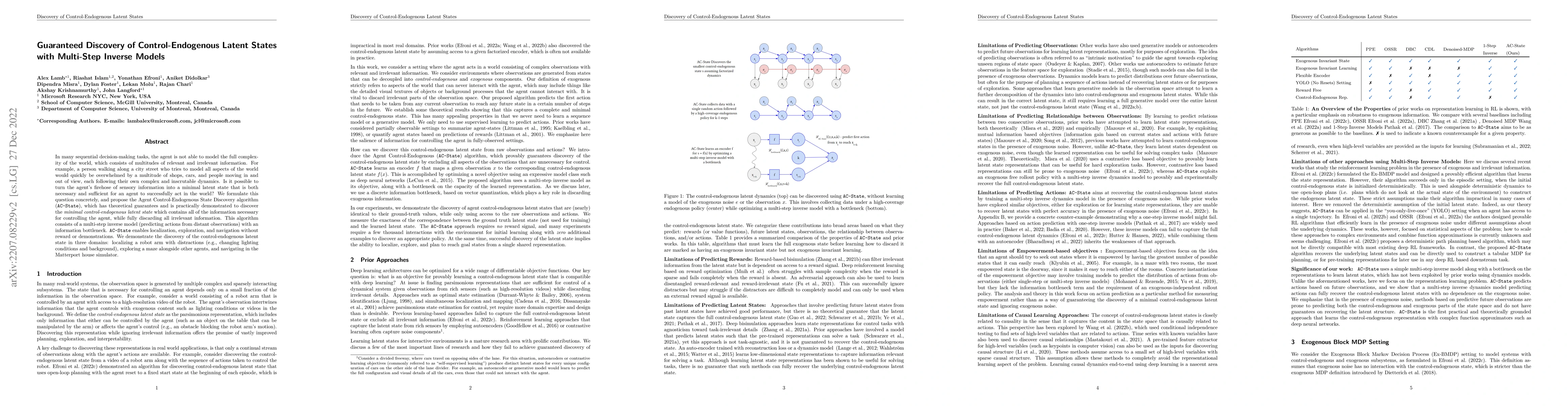 Thumbnail for Guaranteed Discovery of Control-Endogenous Latent States with Multi-Step
  Inverse Models