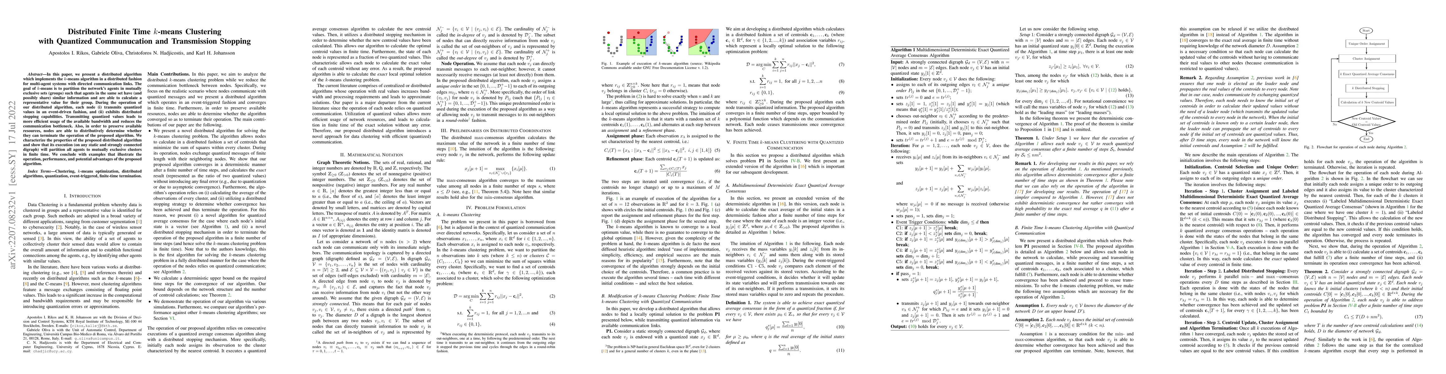 Thumbnail for Distributed Finite Time k-means Clustering with Quantized Communucation
  and Transmission Stopping