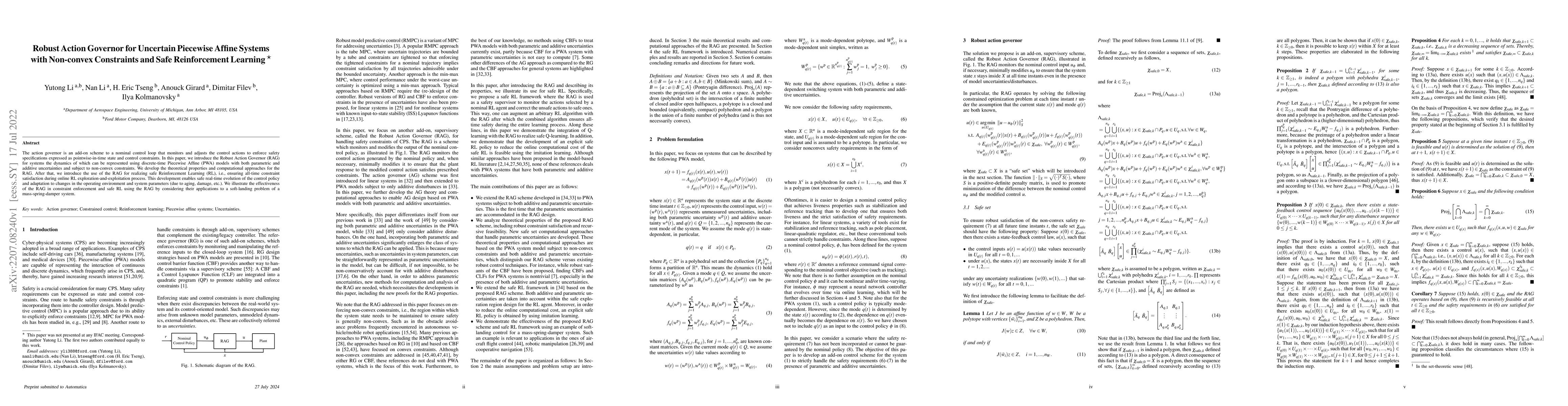 Thumbnail for Robust Action Governor for Uncertain Piecewise Affine Systems with
  Non-convex Constraints and Safe Reinforcement Learning
