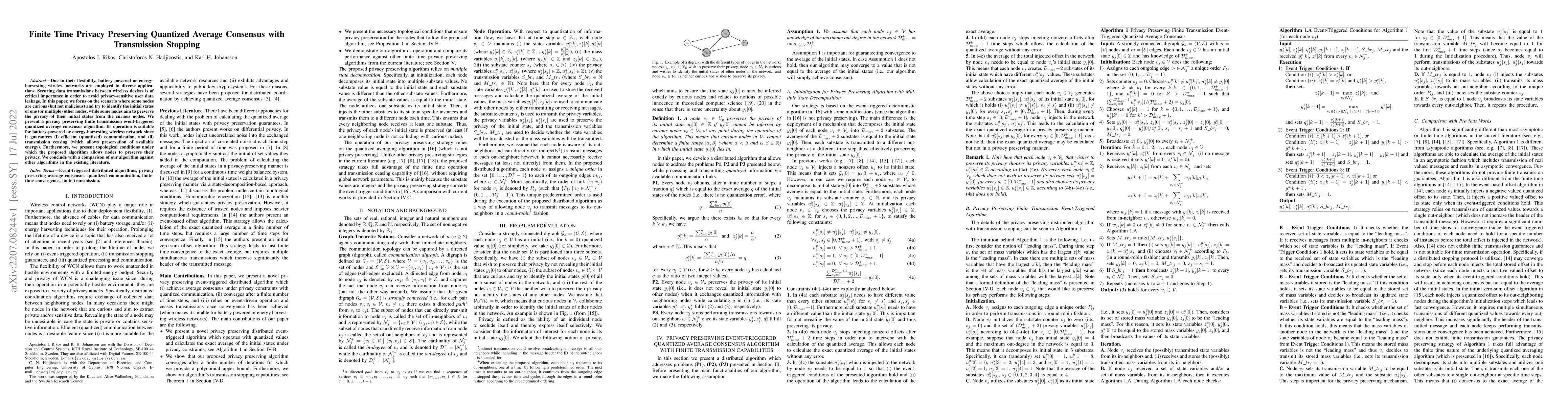 Thumbnail for Finite Time Privacy Preserving Quantized Average Consensus with
  Transmission Stopping