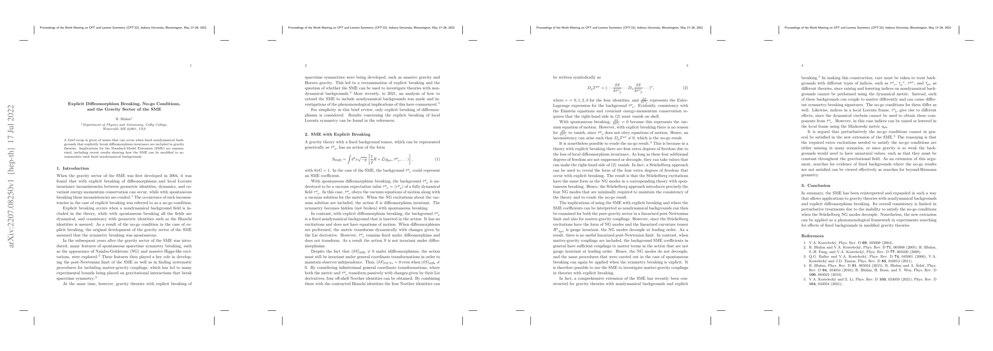 Thumbnail for Explicit Diffeomorphism Breaking, No-go Conditions, and the Gravity
  Sector of the SME