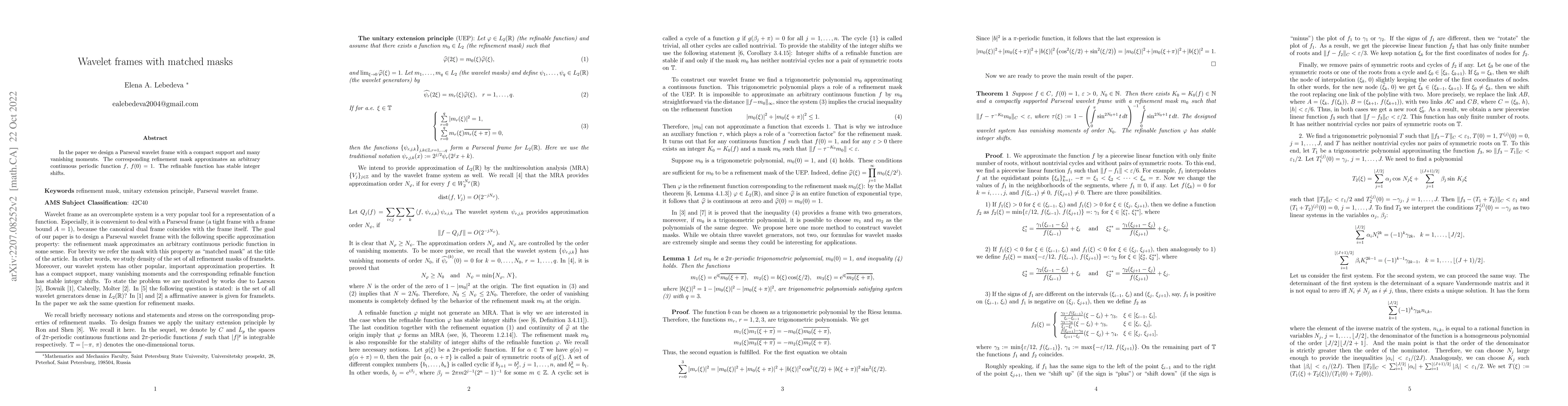 Thumbnail for Wavelet frames with matched masks
