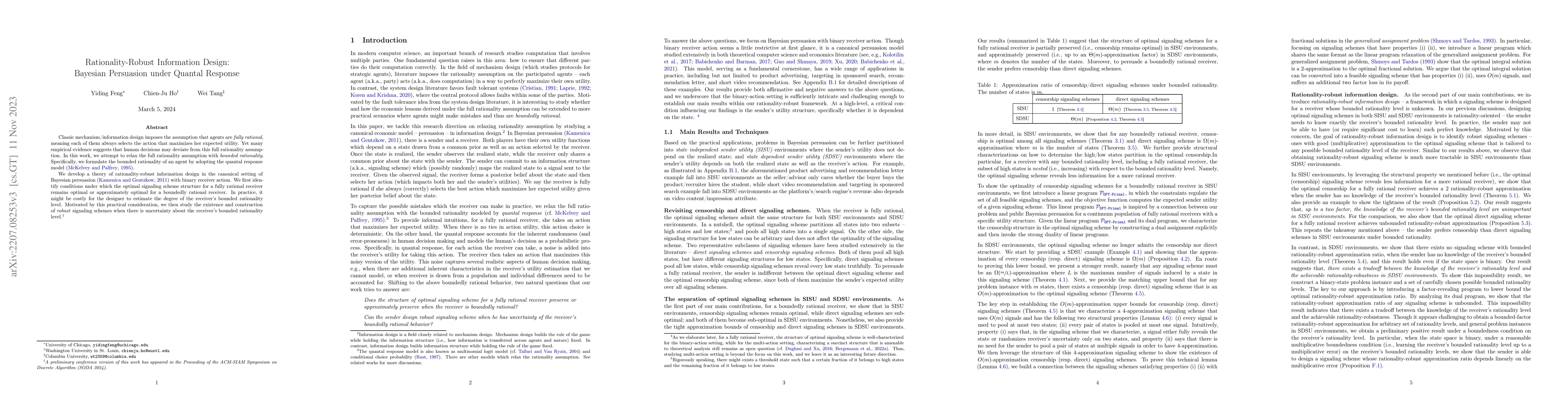 Thumbnail for Rationality-Robust Information Design: Bayesian Persuasion under Quantal
  Response