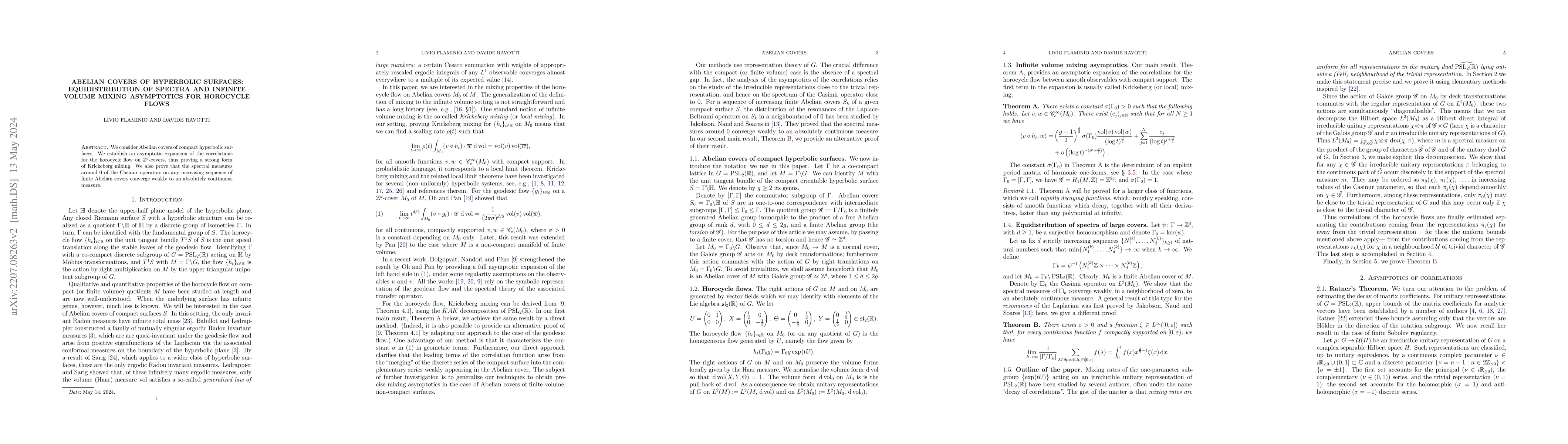 Thumbnail for Abelian covers of hyperbolic surfaces: equidistribution of spectra and
  infinite volume mixing asymptotics for horocycle flows