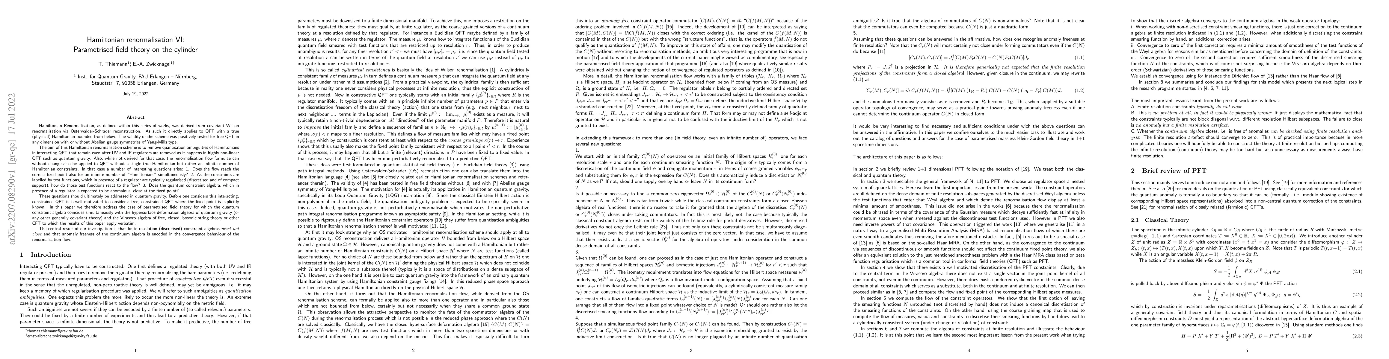 Thumbnail for Hamiltonian renormalisation VI: Parametrised field theory on the
  cylinder