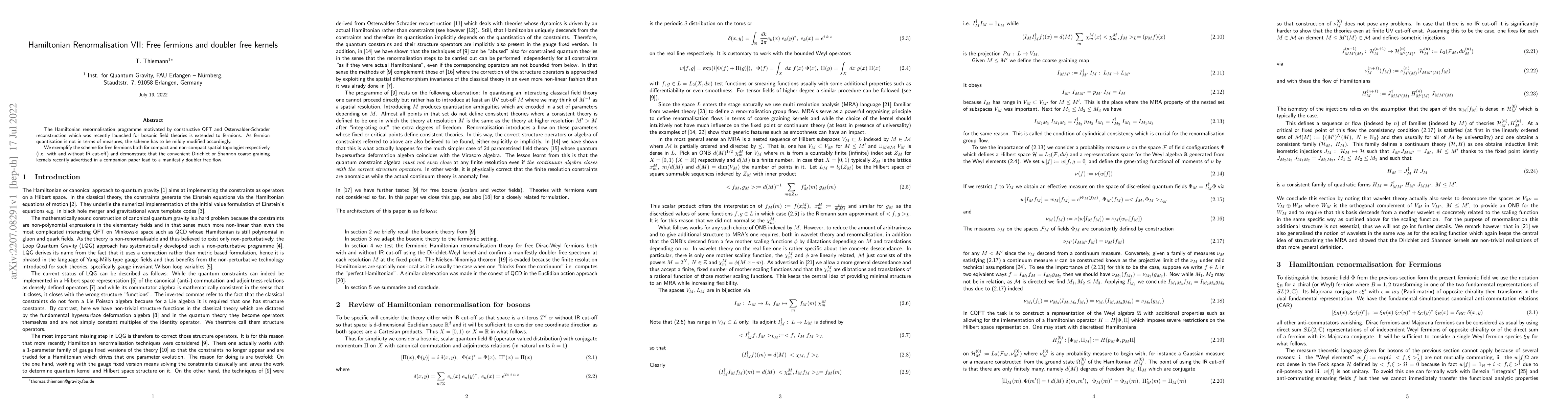 Thumbnail for Hamiltonian Renormalisation VII: Free fermions and doubler free kernels