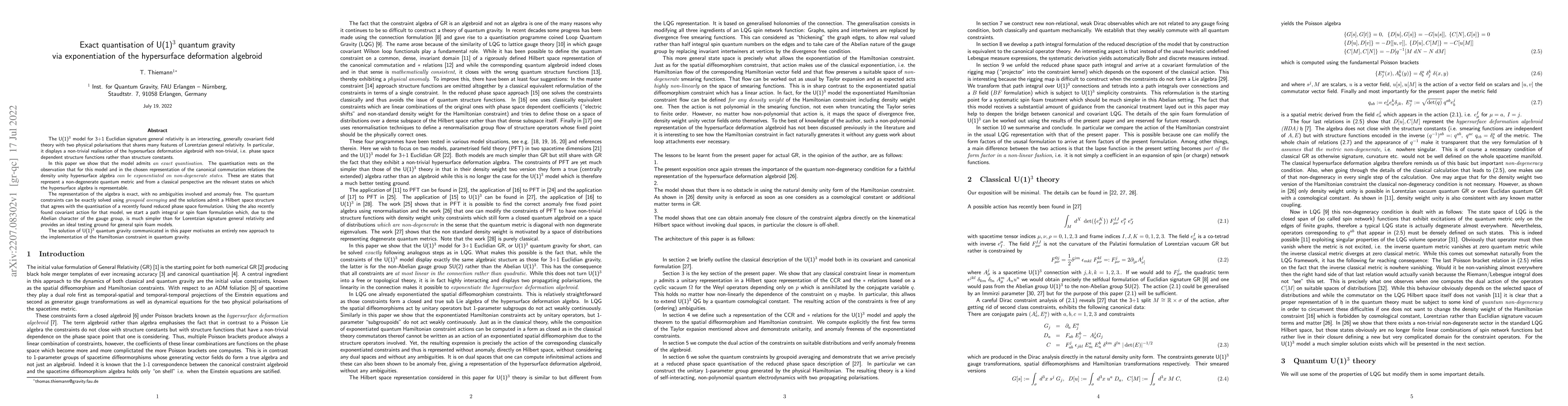 Thumbnail for Exact quantisation of U(1)$^3$ quantum gravity via exponentiation of the
  hypersurface deformation algebroid