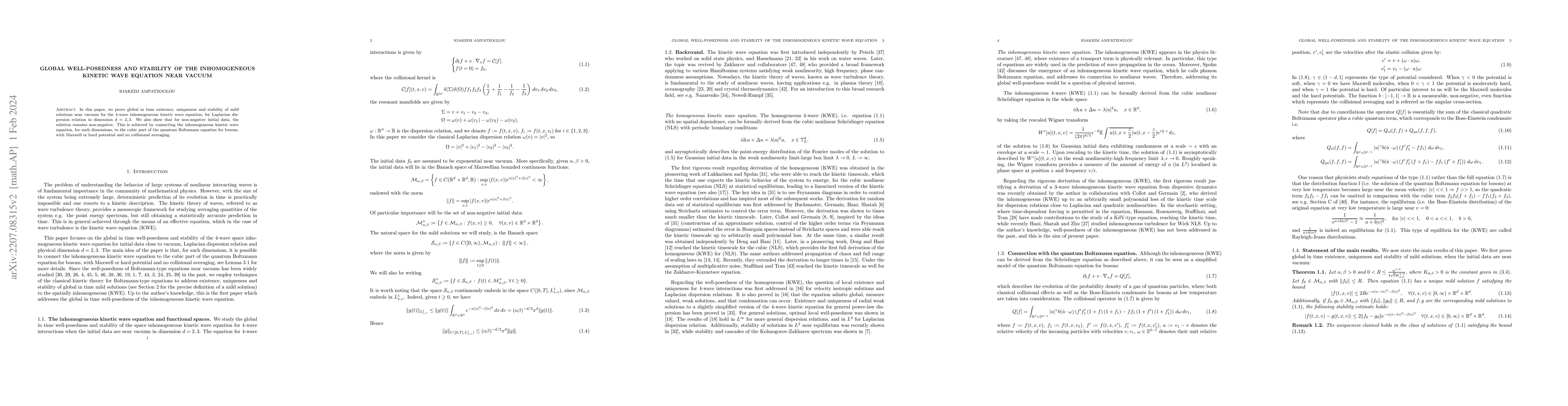 Thumbnail for Global well-posedness and stability of the inhomogeneous kinetic wave
  equation near vacuum