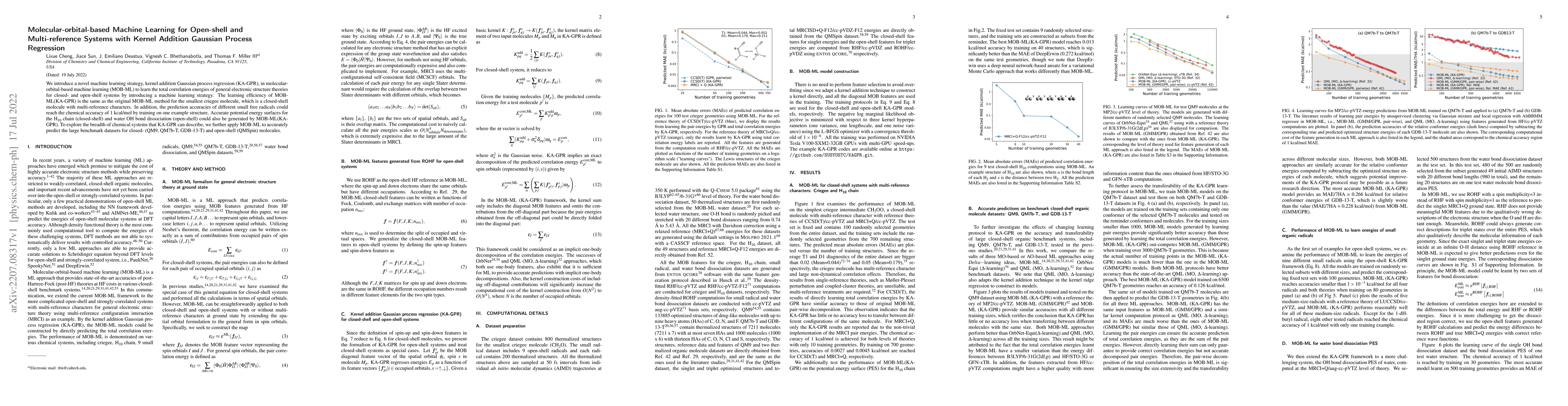 Thumbnail for Molecular-orbital-based Machine Learning for Open-shell and
  Multi-reference Systems with Kernel Addition Gaussian Process Regression