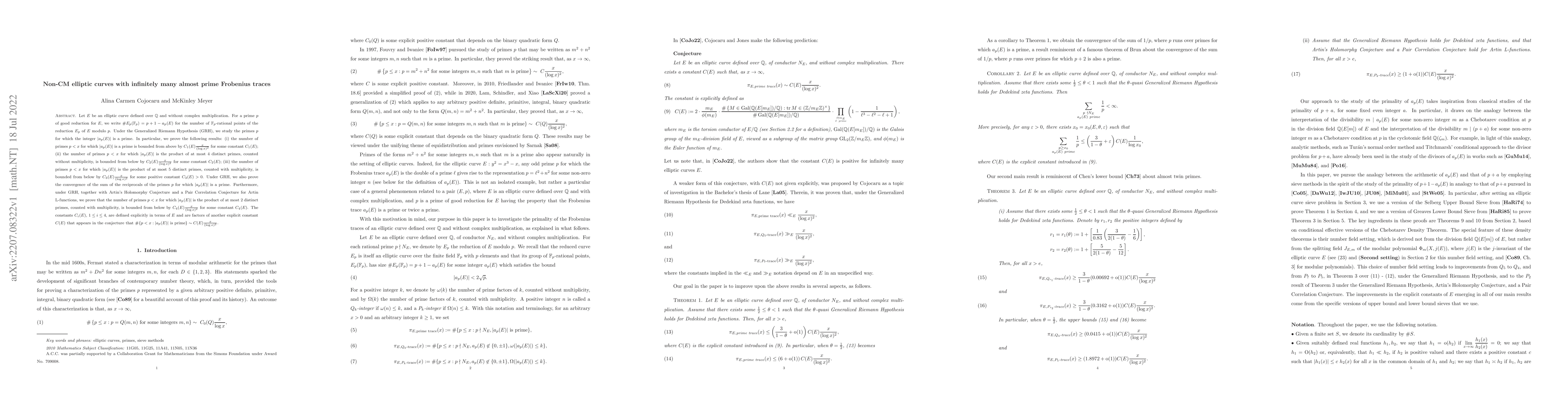 Thumbnail for Non-CM elliptic curves with infinitely many almost prime Frobenius
  traces